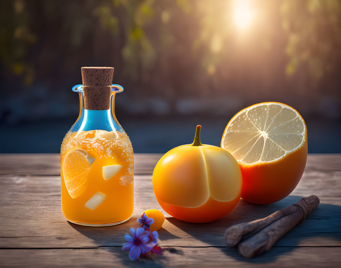 Orange juice bottle, ice cubes, halved orange, cinnamon sticks, purple flower on wooden table