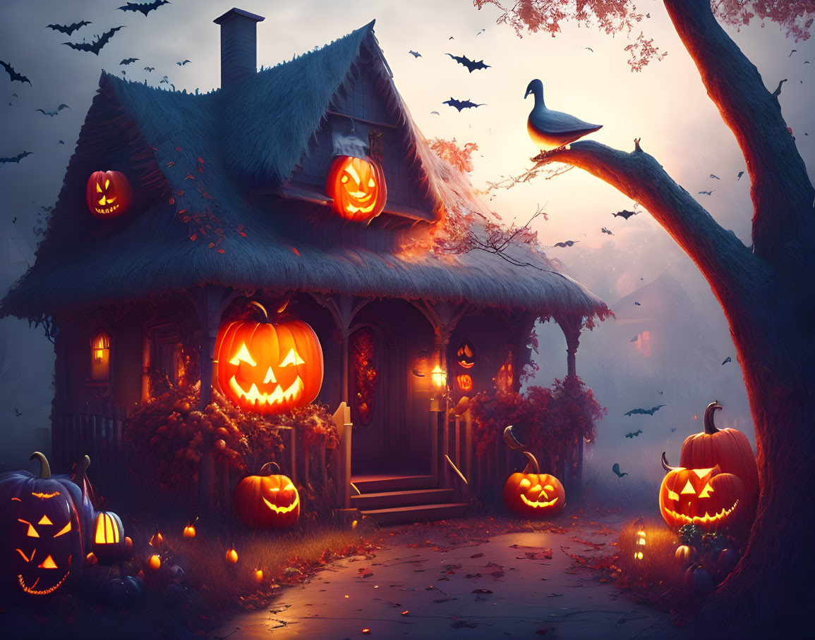 Thatched-Roof Cottage Surrounded by Jack-o'-lanterns, Bats, and