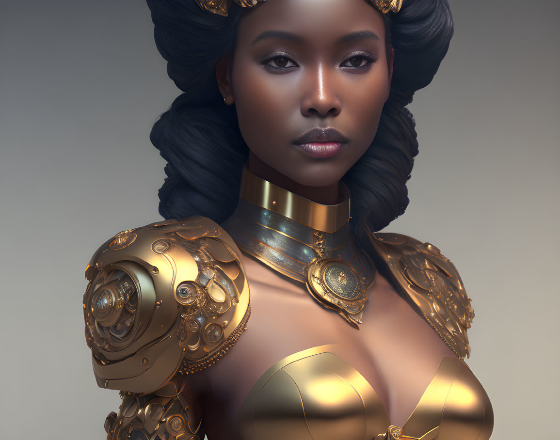 Portrait of Woman in Stylized Mechanical Armor with Gold Details