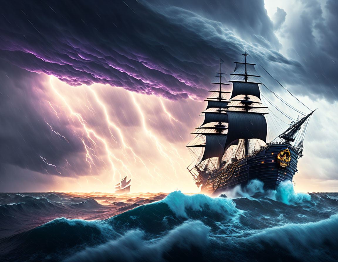 Majestic sailing ship in stormy seas with purple lightning