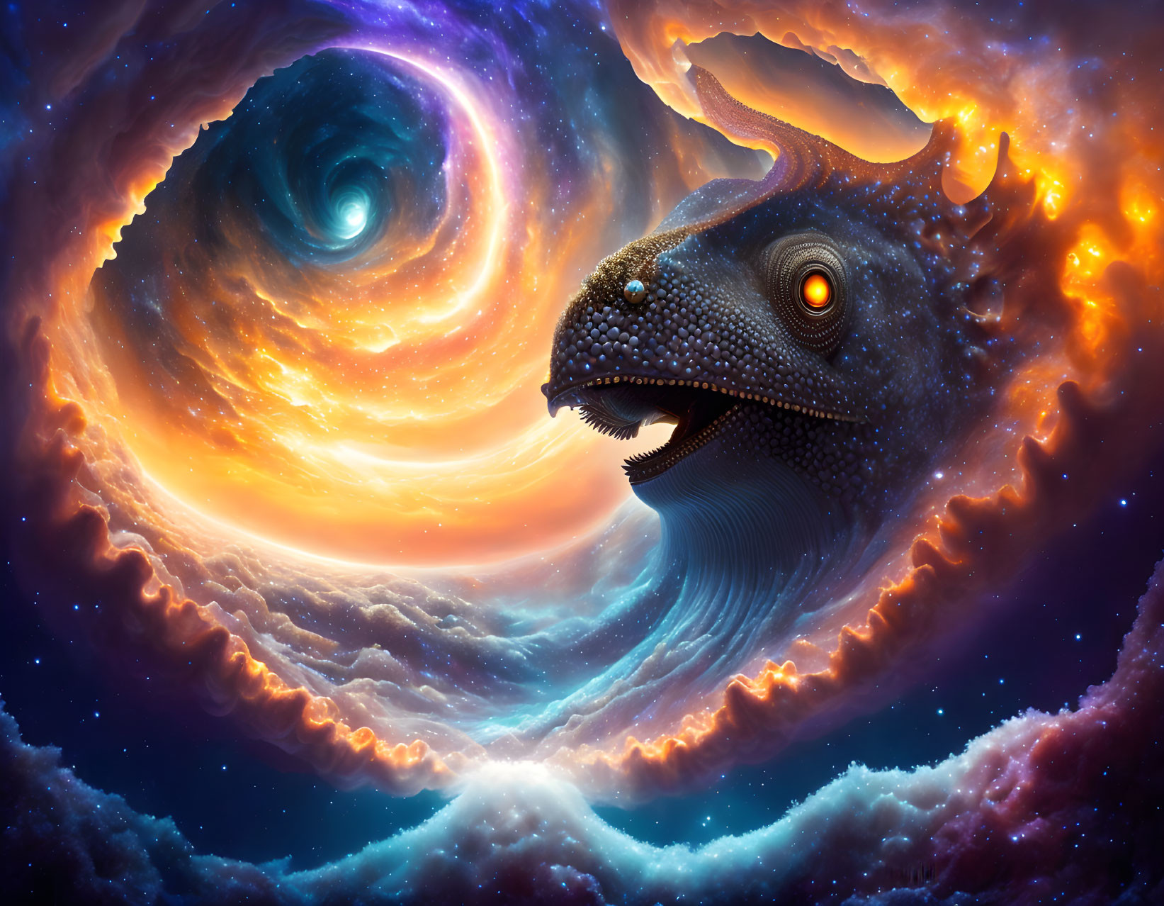 Majestic cosmic dragon in swirling nebulae with starry visage and fiery horns against vibrant