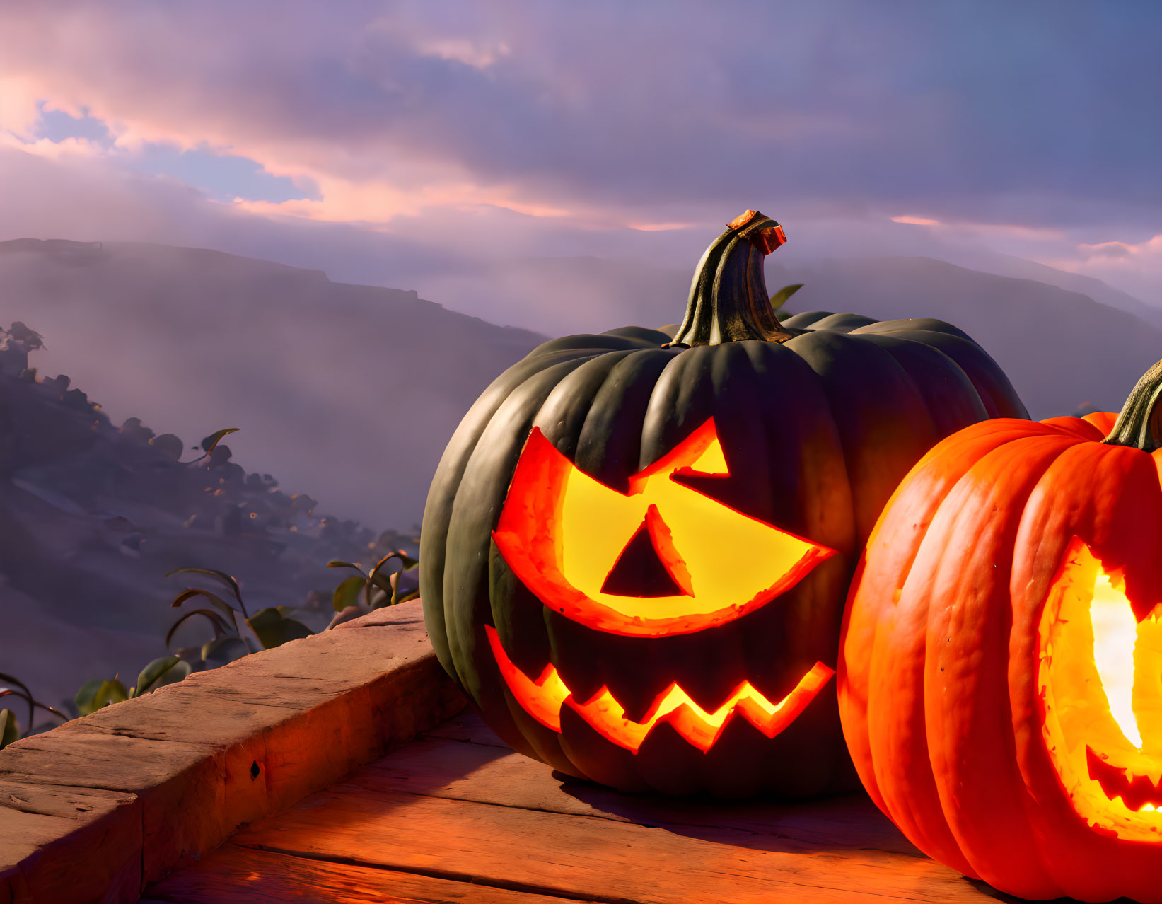 Carved jack-o'-lanterns on wooden surface with sunset and hilly landscape.