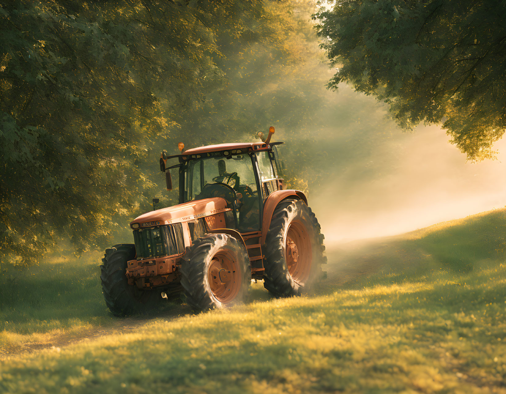 Orange tractor on misty country road with lush green trees and sunlight.