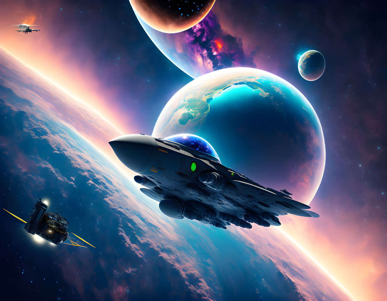 Futuristic spaceship with vibrant planets, starship, and satellite in colorful cosmic scene