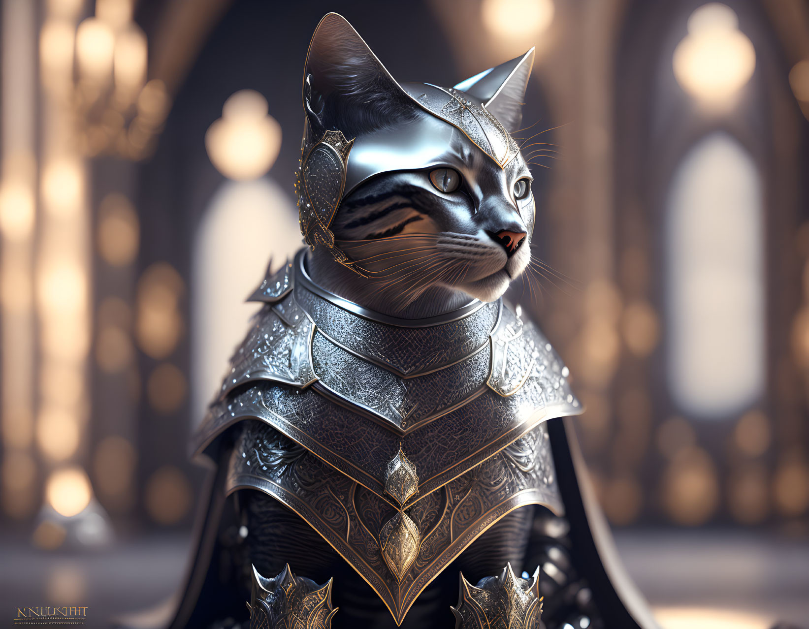 Cat in medieval armor against grand hall backdrop