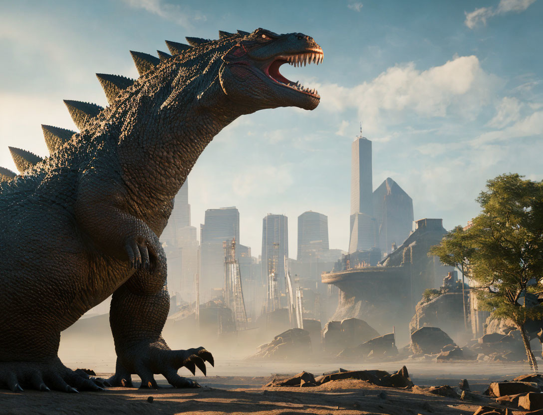 Gigantic Godzilla in urban ruins with smaller creatures and distant skyscrapers.