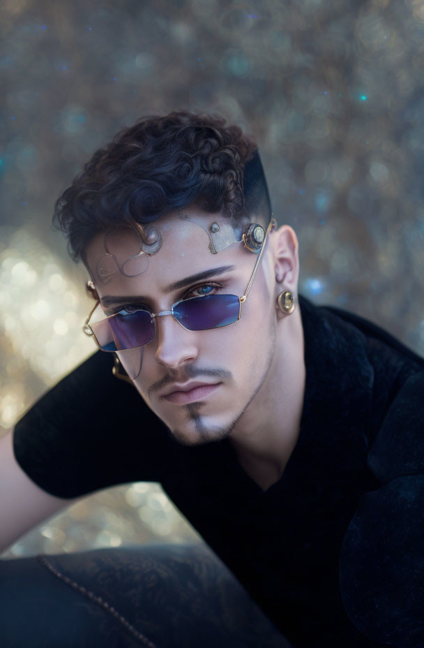 Curly-Haired Man in Unique Spiral Glasses on Sparkling Background