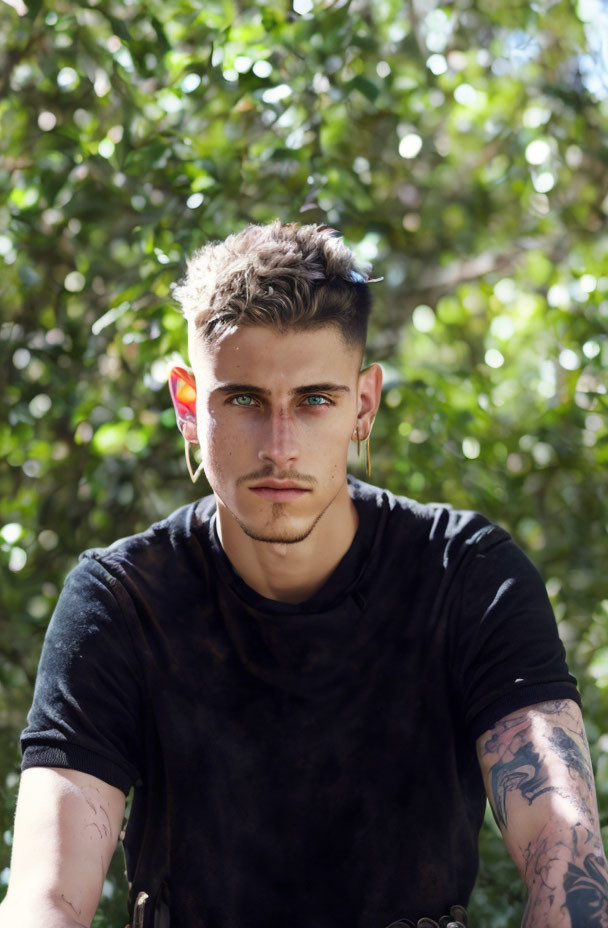 Tattooed young man in black shirt against green backdrop