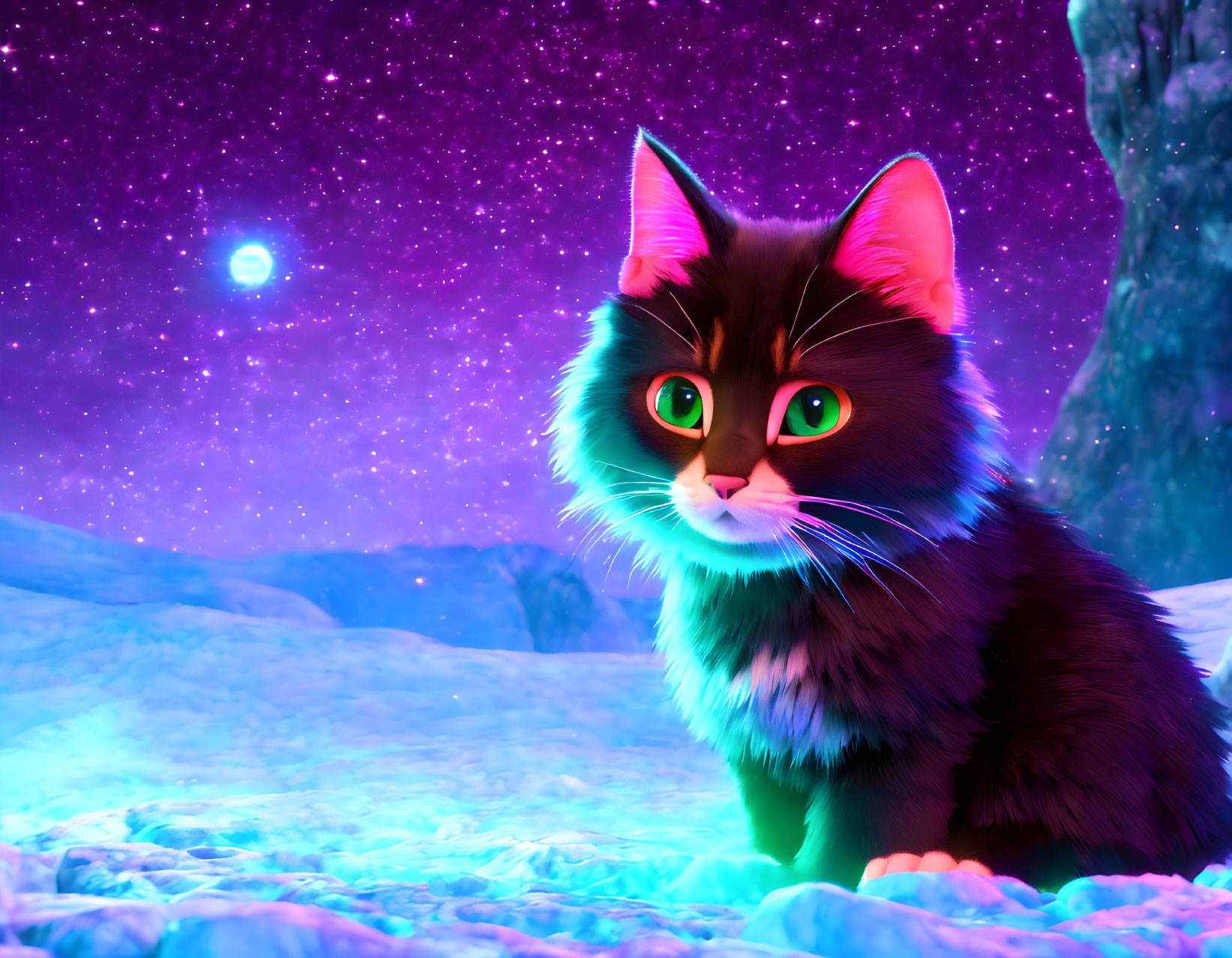 Black and white cat with green eyes under purple starry sky and blue ground.