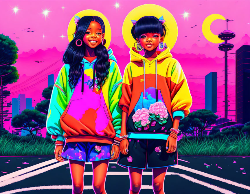 Colorful Stylized Girls on Road with Pink and Purple Cityscape