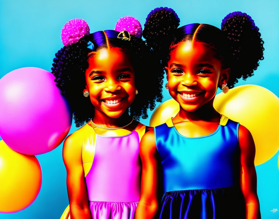 Two Smiling Girls in Pigtails & Colorful Dresses with Balloons