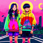 Colorful Stylized Girls on Road with Pink and Purple Cityscape