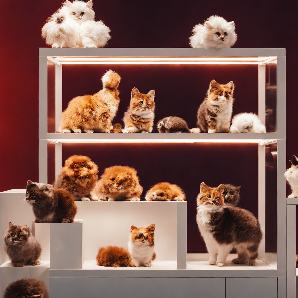 Fluffy Cats on Shelves Against Maroon Backdrop