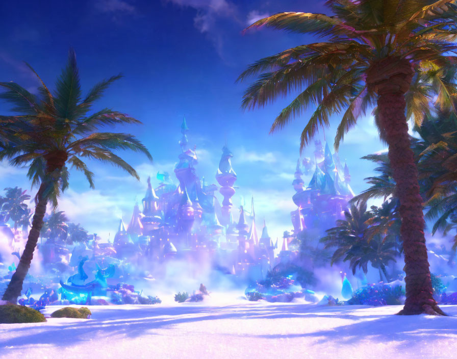 Snowy landscape with palm trees and crystal castle under bright sky