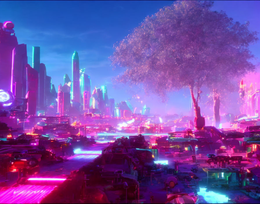 Futuristic neon-lit cityscape with skyscrapers and flying vehicles