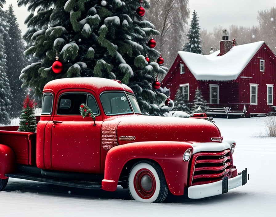 Vintage Red Pickup Truck with Christmas Decorations in Snowy Winter Scene