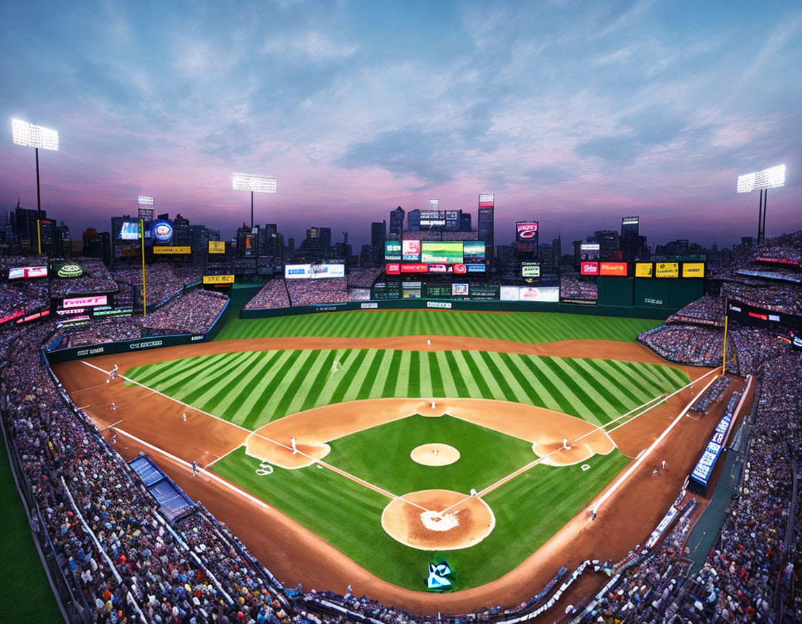 Twilight baseball stadium with packed spectators and city skyline