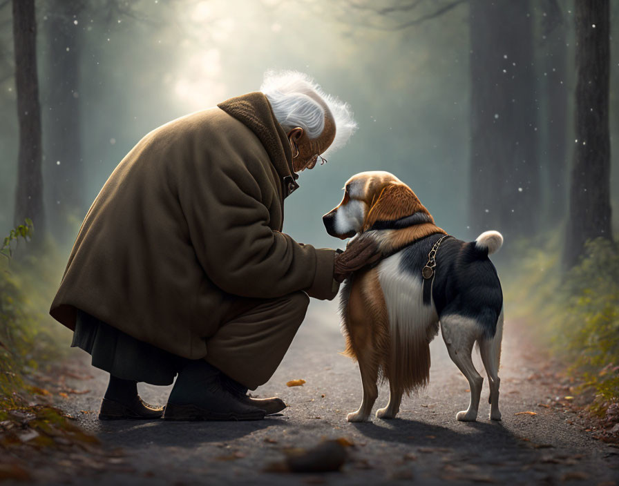 Elderly Person Petting Dog on Forest Path