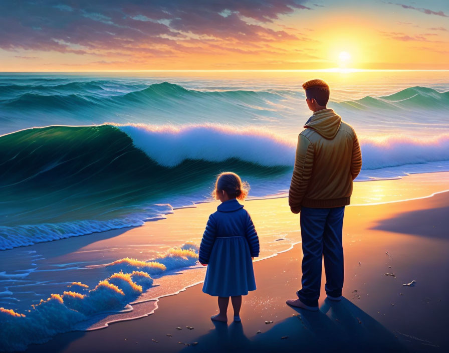 Young girl and older male watch vibrant sunrise on beach