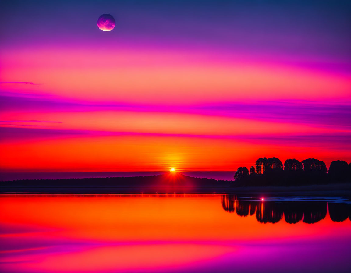 Scenic sunset over calm lake with trees silhouette and full moon