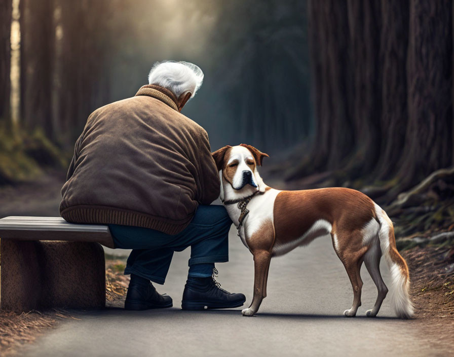 Elderly person on bench with brown and white dog in serene setting