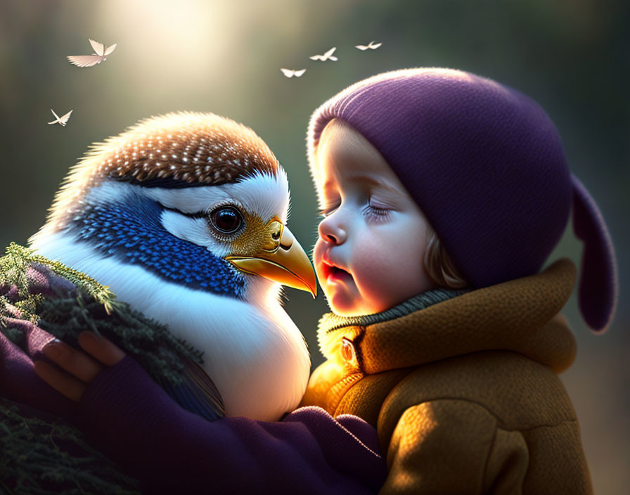 Child in Purple Hat Faces Colorful Bird Amid Glowing Light and Butterflies