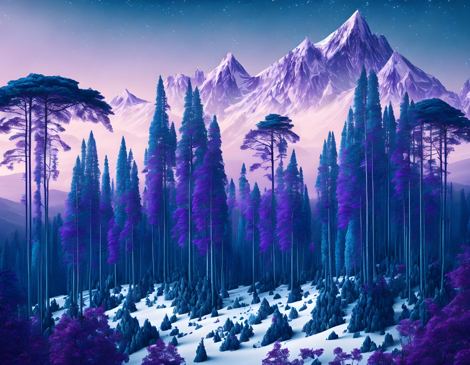 Snow-covered pine trees in serene purple landscape with starry night sky