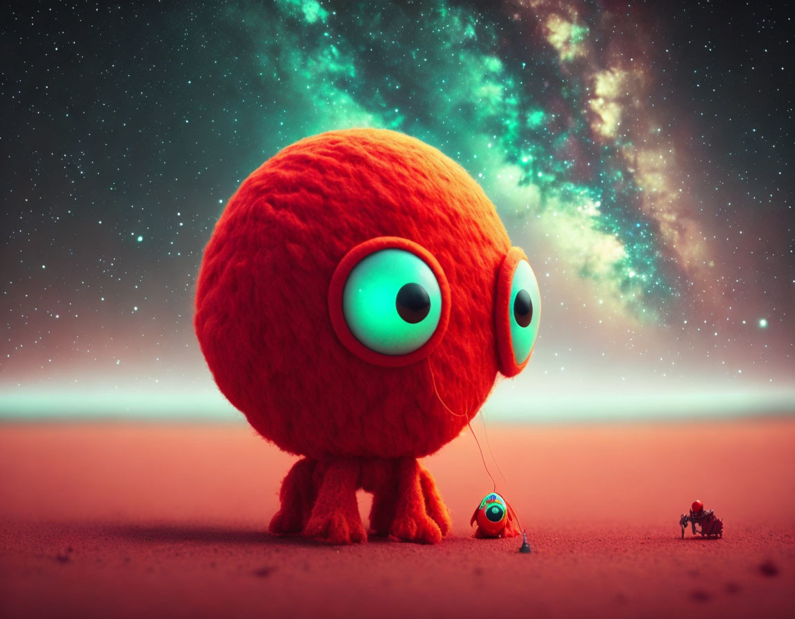 Fluffy red creature with green eyes holding a tiny version on a leash under starry sky