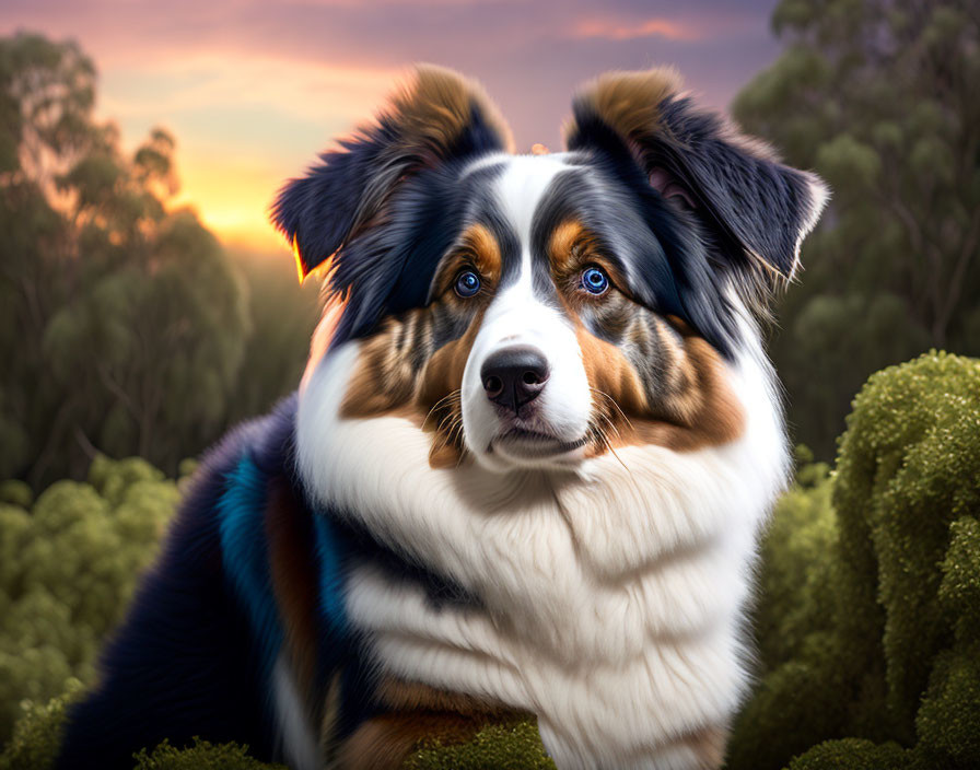 Tricolor Australian Shepherd Dog Against Sunset and Greenery