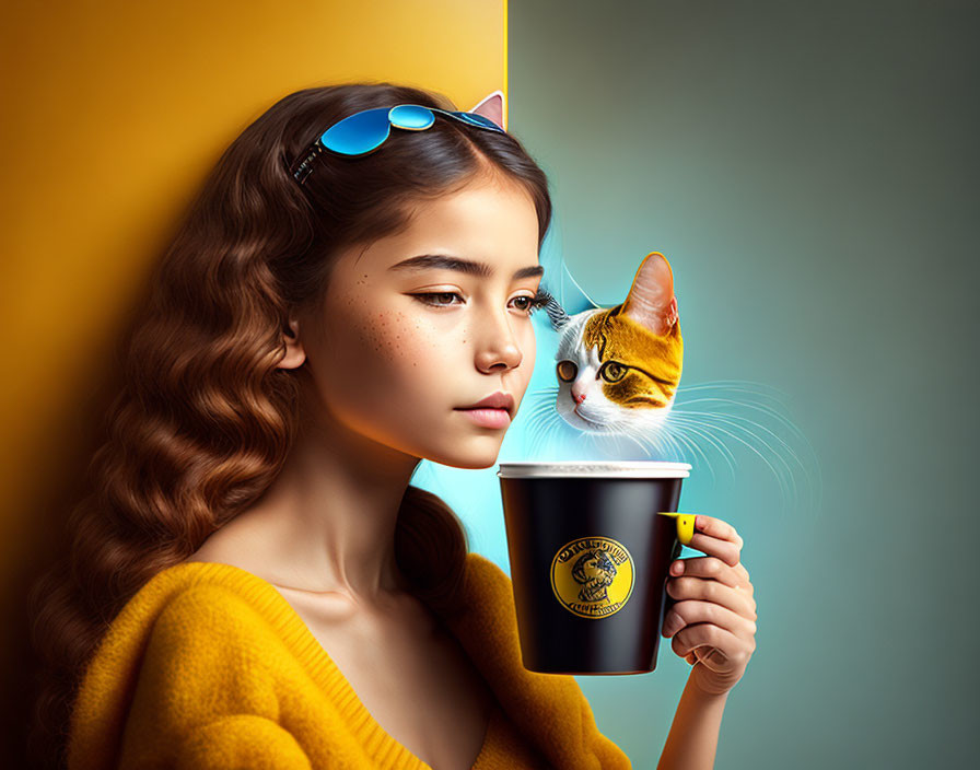 Young woman with wavy hair holding cup with cat face froth