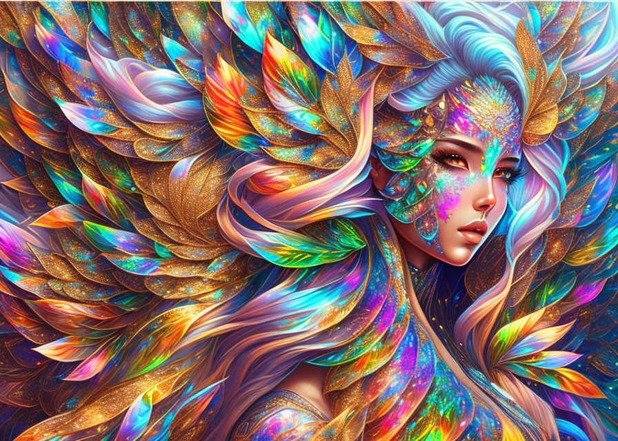 Fantasy digital artwork of a woman with rainbow feathered wings and headdress