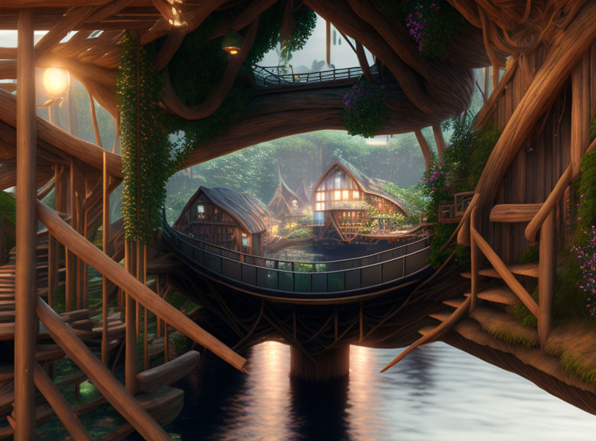 Digital Artwork: Treehouse Village Amid Lush Foliage