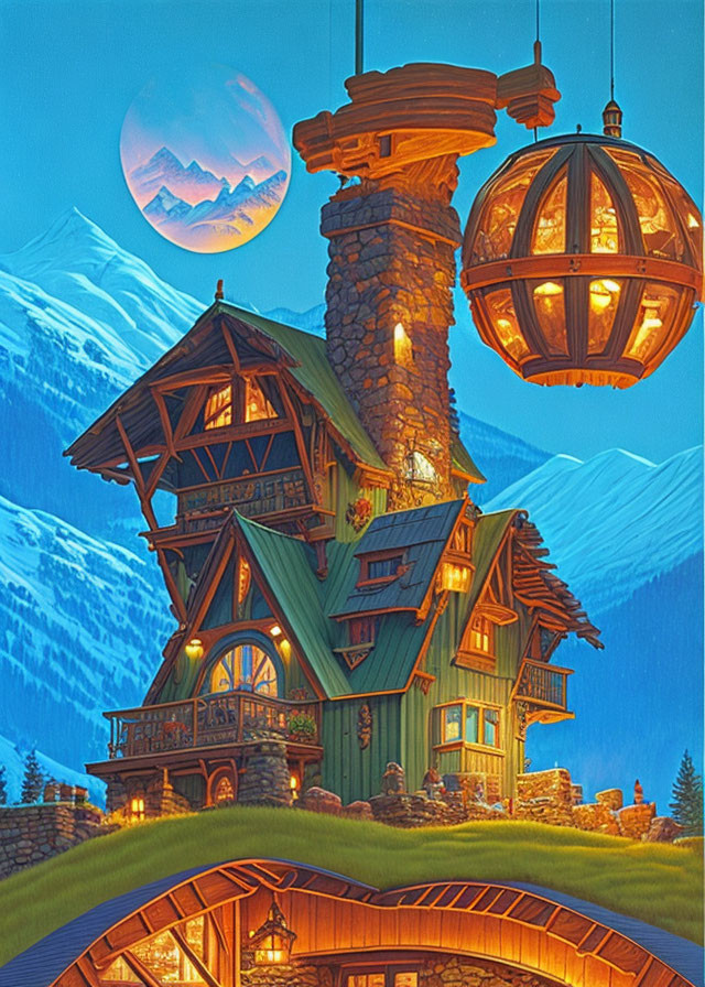 Fantasy-style house with wooden architecture, lanterns, stone chimney, night sky, mountains, and