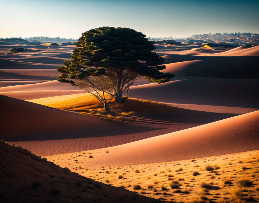 Lonely tree in desert sands under golden light