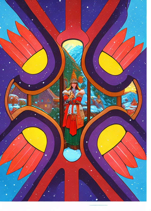 Vibrant stained glass window: abstract winter scene with woman and snow-covered tree.