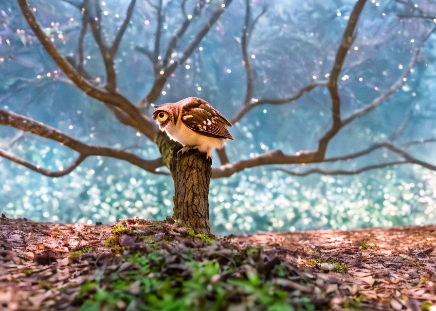 Owl perched on tree stump in mystical forest with twinkling lights