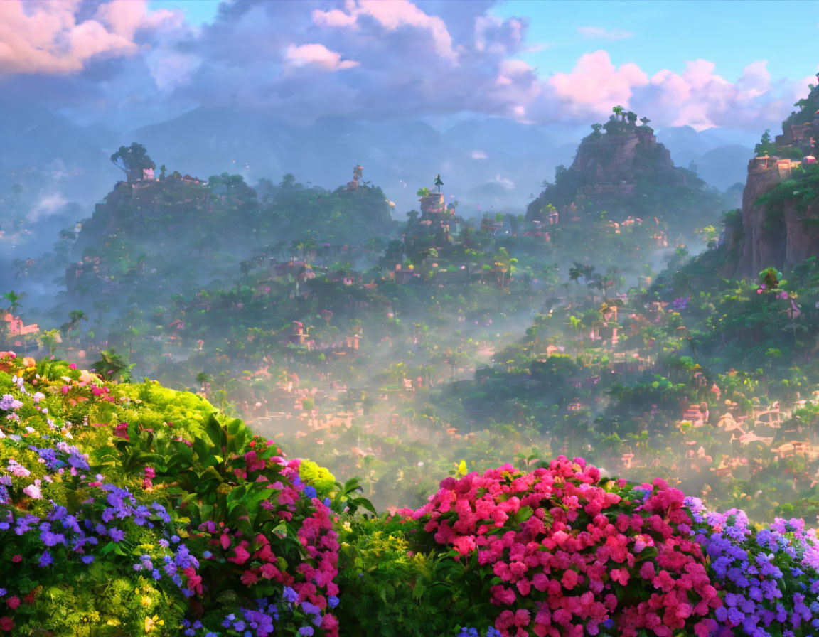 Vibrant landscape with colorful flowers, fog-covered village, green mountain peaks