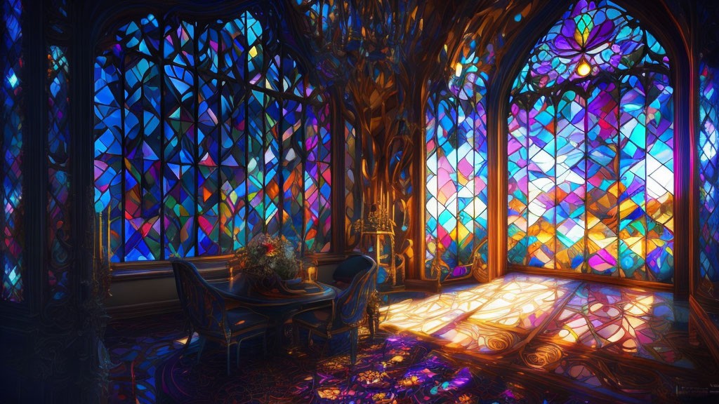 Colorful Stained Glass Windows in Vibrant Room with Blue Chairs