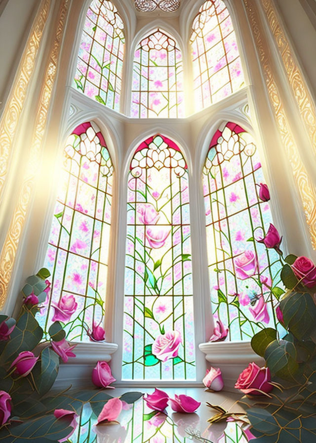 Gothic stained glass windows with pink rose designs and sunlight casting warm glow.