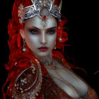 Vibrant red-haired woman in pearl headpiece and dress on black background