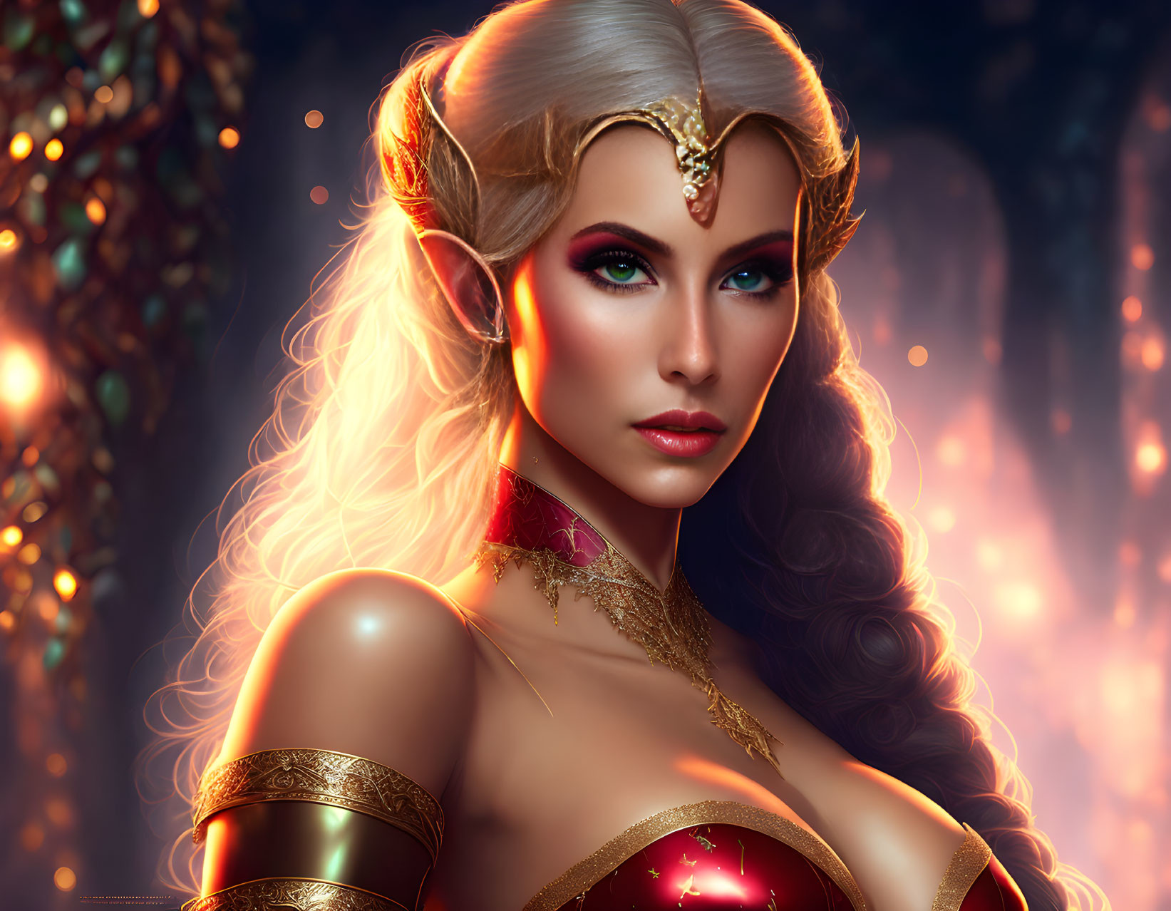 Fantasy digital artwork of an elf woman with blue eyes, gold jewelry, and tiara in enchanted