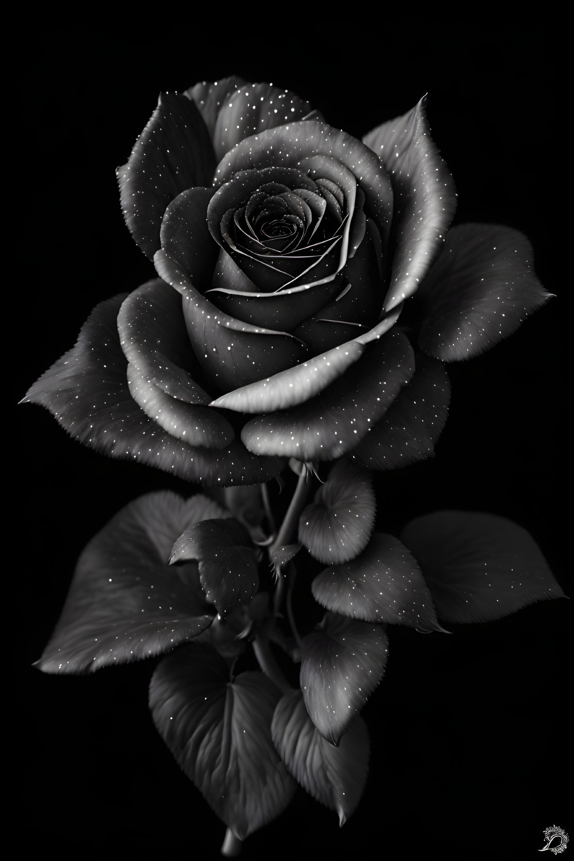 Monochromatic rose with water droplets on petals against dark background