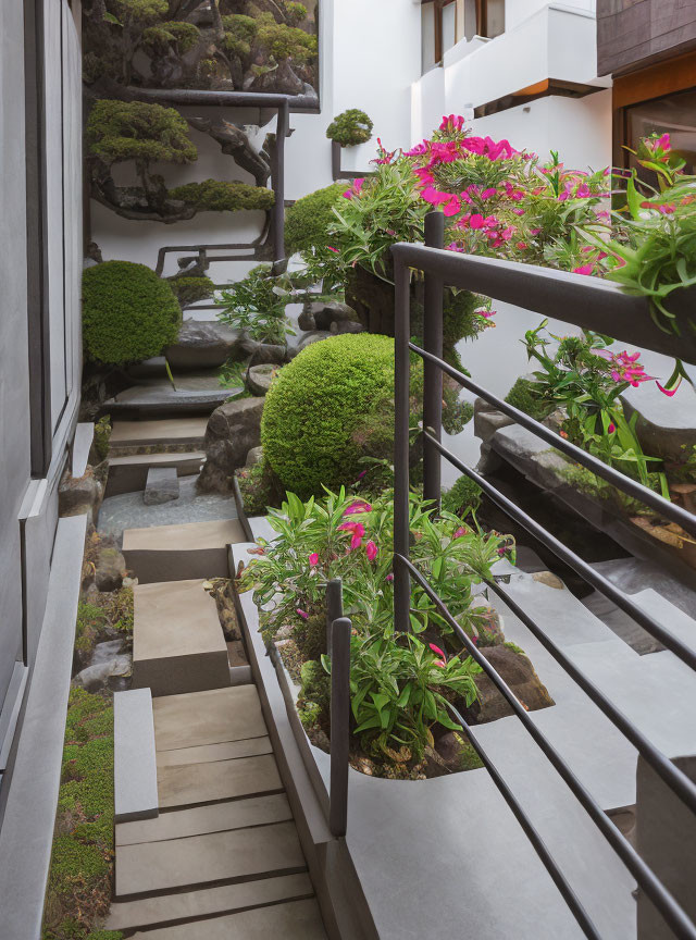 Tranquil urban garden with stone pathway, lush greenery, pink flowers, and water feature