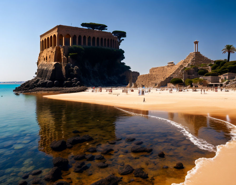 Ancient ruins on rocky outcrop near serene beach & visitors under clear blue skies