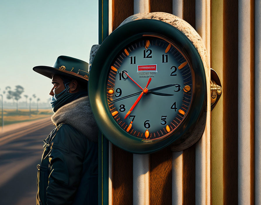 Person with hat and scarf next to giant wristwatch outdoors with trees