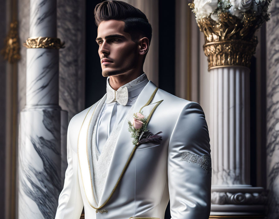 Elegant white tuxedo with embroidered details and bow tie on stylish man