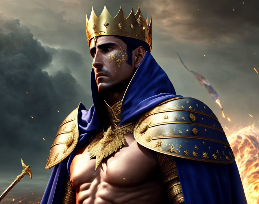 Regal man in golden crown and blue cloak with dramatic sky and fire.