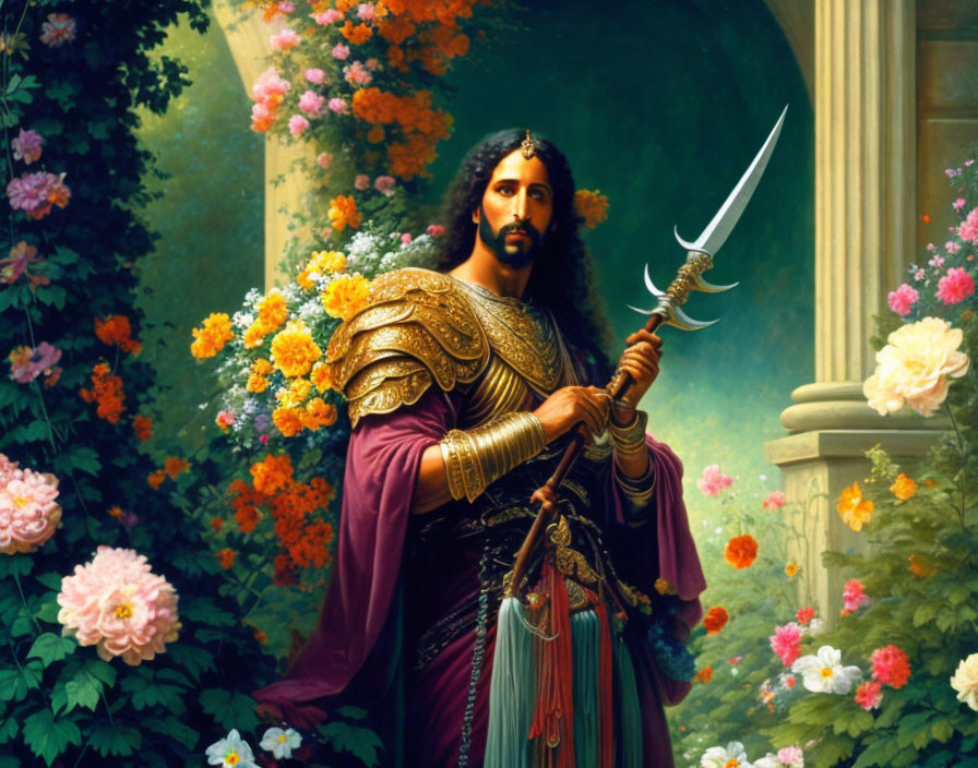 Regal figure in purple and gold armor with spear among lush flowers