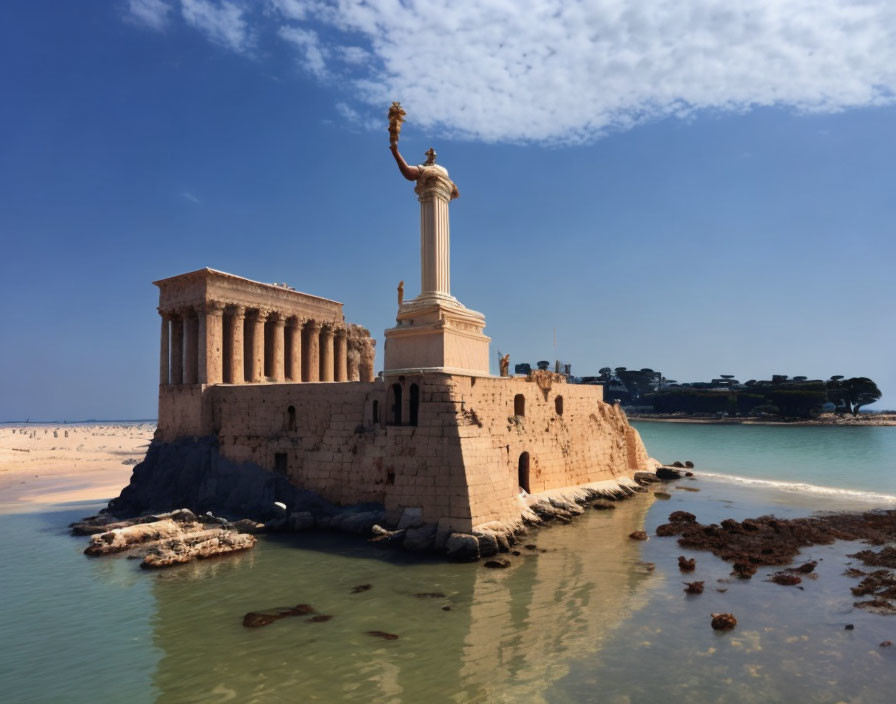 Stone Building and Column with Statue on Sandy Beach