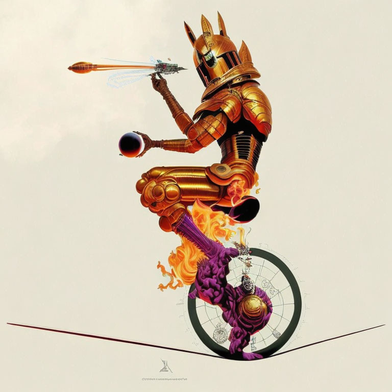 Samurai robot on flaming unicycle wields spear in mid-air